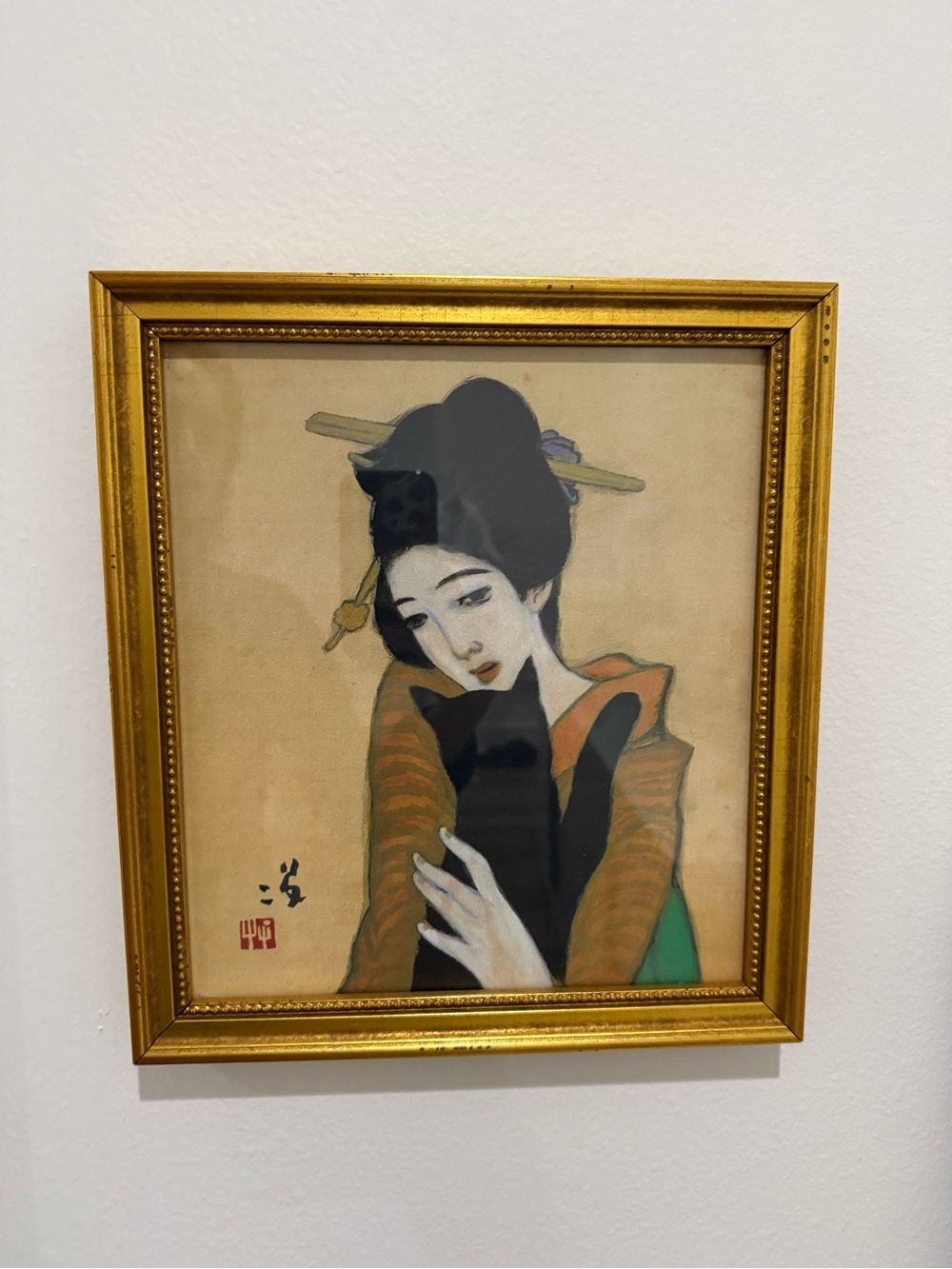 Framed Asian Geisha Art Print in Gold Frame - Black, Cream, Green Accents
